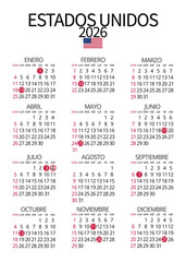Vertical design of the 2026 US calendar in Spanish with all holidays marked, clear and functional format for institutional use and planning resources