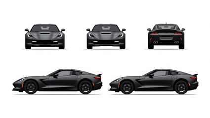 views of a sleek, dark gray sports car