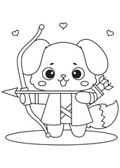 Coloring book cupid puppy with bow and arrows.