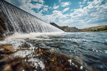 Water cascades from the dam under the bright summer sky with a vast landscape in the background