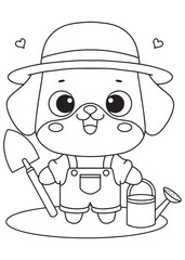 Coloring book puppy gardener holding a spade and watering can.