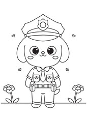 Coloring book puppy dressed as a police officer.