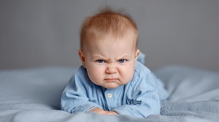 Angry Baby Boy Frowning on Blue Blanket