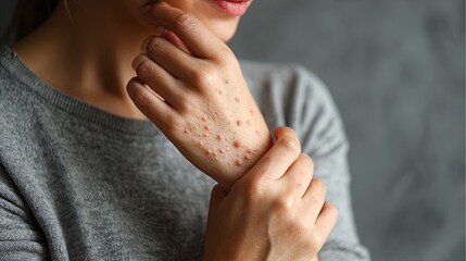 Closeup of Woman Scratching Psoriasis on Hand