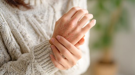 Woman Scratching Hand with Skin Rash Closeup