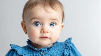 Adorable Baby in Blue Outfit on White Background