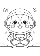 Coloring book puppy in astronaut gear holding a space gadget.