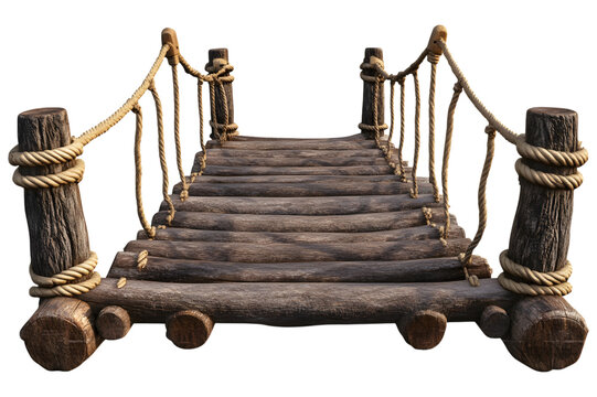 Fototapeta Rustic wooden rope bridge with weathered planks isolated on transparent background