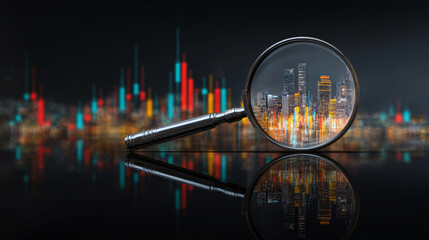Floating magnifying glass revealing city skyline over detailed stock market data, capturing economic analysis at night