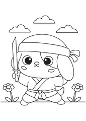 Coloring book puppy dressed as a ninja with a sword.