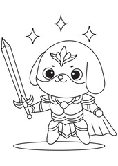 Coloring book puppy knight with sword and armor.