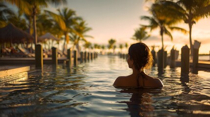 Fototapeta premium A woman swims in a pool at sunset.