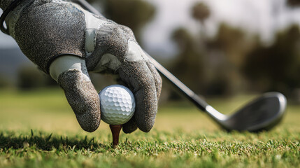 Focused golfer preparing for a perfect shot with glove-clad hand holding a golf ball on the tee
