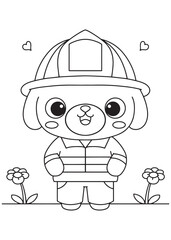 Coloring book firefighter puppy in full gear.