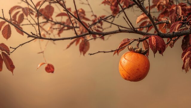 Autumn defoliated tree showcasing ripe persimmon fruit in a natural setting