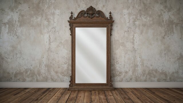Vintage oak vertical mirror frame on weathered wooden floor against rough concrete wall, circa late 19th to early 20th century, retro filtered image