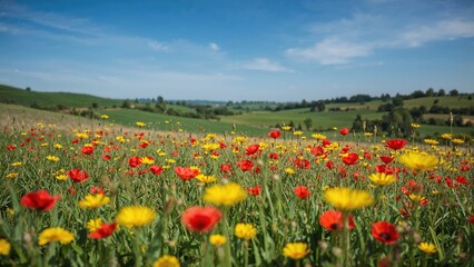 Vibrant poppies alongside yellow spring blossoms