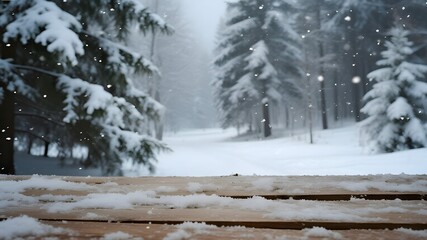 Snowy forest scene with snow covered fir trees and a wooden surface in the foreground