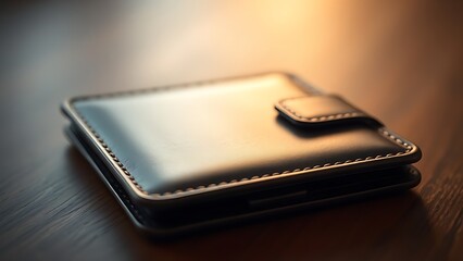 A sleek wallet lies on a wooden surface, highlighted by warm ambient lighting in a minimalist setting.