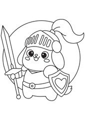 Coloring book knight puppy with heart shield and sword.