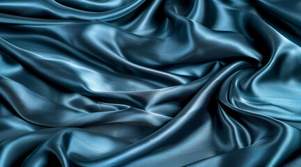 Obraz premium A close-up view of soft, blue satin fabric draped smoothly. The fabric has a rich texture and a luxurious feel 