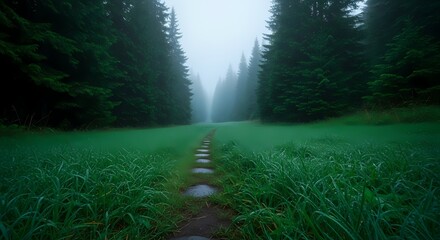 Foggy Forest Path Tranquil Nature Landscape