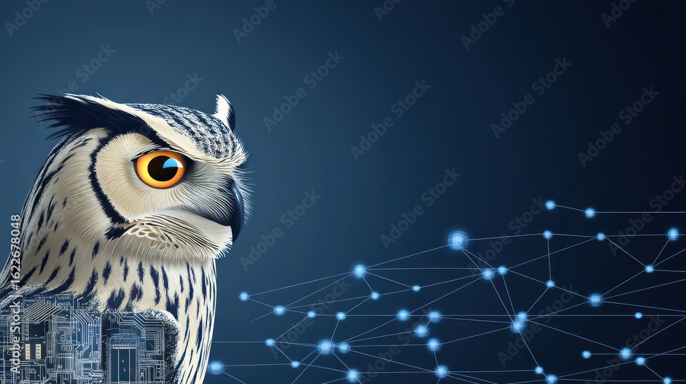 Poster owl with digital network background; futuristic image use in tech or education