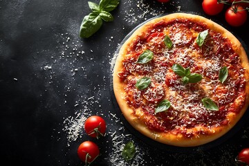 Top view of a freshly baked pepperoni pizza with basil on a dark background.