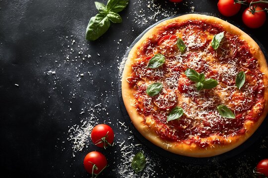 Top view of a freshly baked pepperoni pizza with basil on a dark background.