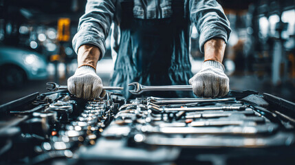 Skilled mechanic works diligently on car engine with tools in well-equipped garage