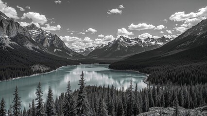 Snowy mountain terrain with trees and flowing river in a black and white summer photograph