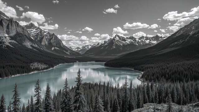 Fototapeta Snowy mountain terrain with trees and flowing river in a black and white summer photograph