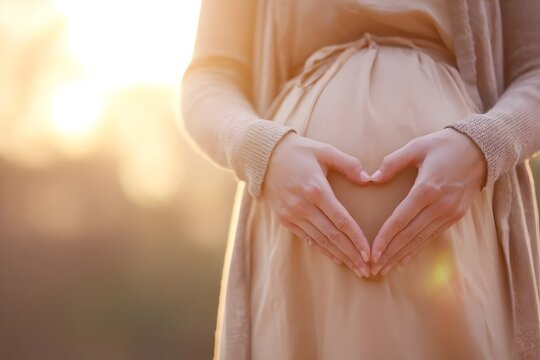 Pregnant woman forming a heart shape over her belly in a sunset. - Powered by Adobe