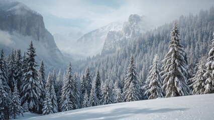 Fototapeta premium Misty sunrise over a mountainous forest. Luminous winter woodland blanketed in snow, celebrating fresh beginnings. Artistically modified picture.