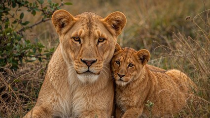 Naklejka premium Mother lion and baby in natural habitat