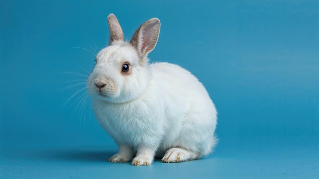 Grey and White Mini-Lop Rabbit Posed on Blue Surface