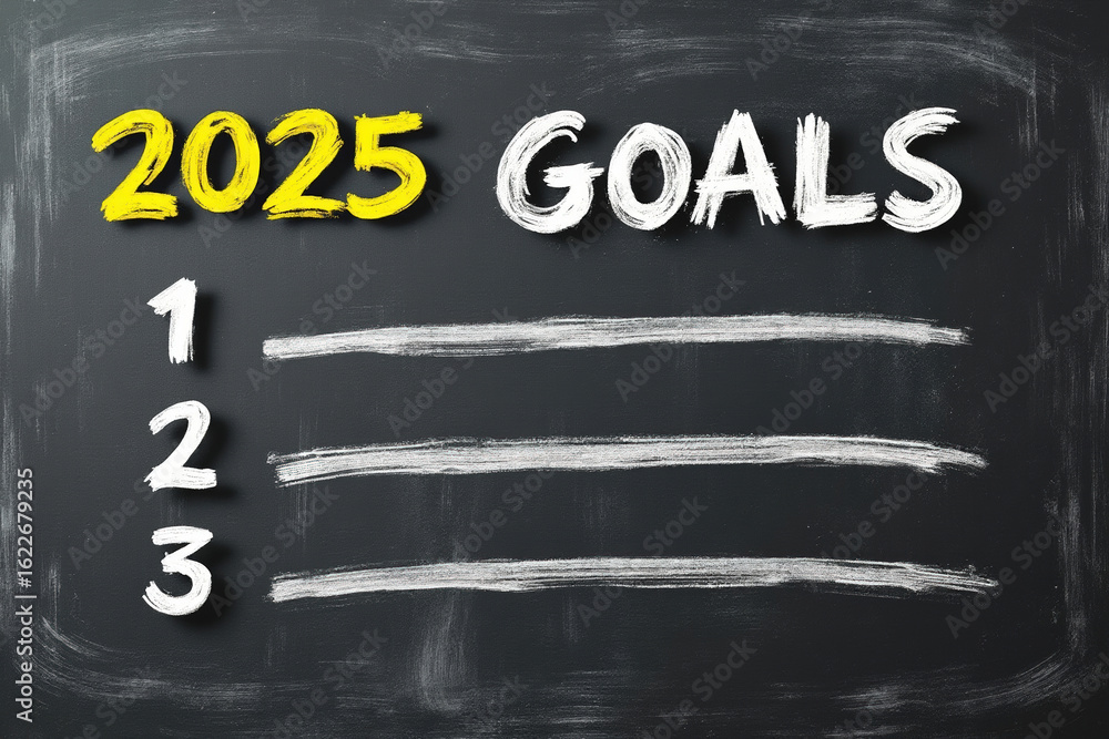 Poster 2025 goals on blackboard with numbered list for planning and setting objectives for the future