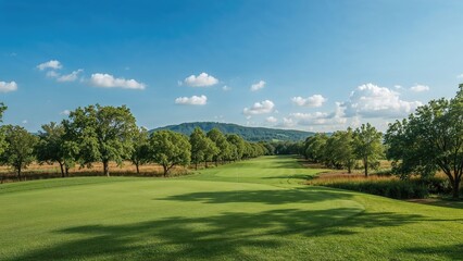 Beautiful golf course hole in the early daylight with natural surroundings, trees, and greenery