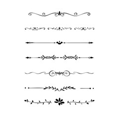 Gold text dividers doodle set. Wedding decorative elements. Divider ornament, borders, floral, vintage line separators. Hand drawn vector illustration isolated on white background. Set page dividers.	