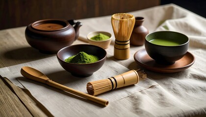 Traditional Japanese tea utensils with matcha bowl, bamboo whisk, and green tea powder. Aesthetic wooden set styled neatly on natural fabric for serene tea ceremony ambiance.