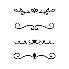 Gold text dividers doodle set. Wedding decorative elements. Divider ornament, borders, floral, vintage line separators. Hand drawn vector illustration isolated on white background. Set page dividers.	