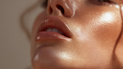 Fototapeta premium Close-up of Woman's Face with Glowing Skin and Makeup