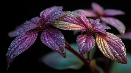 Jewel-toned foliage glistening with water droplets against a dark backdrop