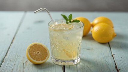 Iced lemon beverage presented in a decorative glass with a straw, with lemons placed beside it.