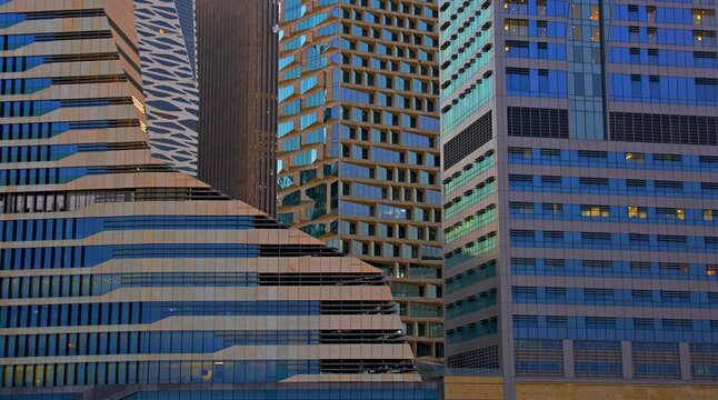 Modern skyscrapers of King Abdullah Financial District (KAFD) at sunset, Riyadh, Saudi Arabia
