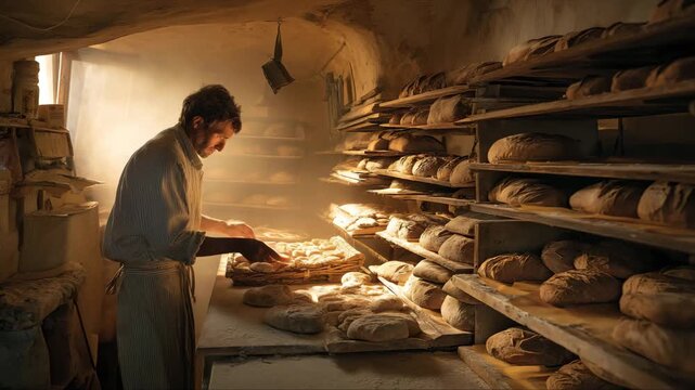 A baker expertly arranges freshly baked loaves of bread in a rustic bakery.