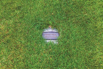 Close up view of underground irrigation valve with plastic lid hidden in green grass on maintained...