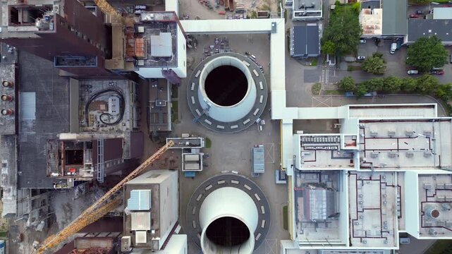 dismantling power plant demolition process. Nice aerial view flight drone