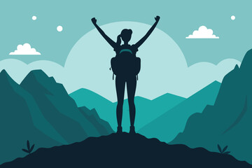 Silhouette of Female Hiker with Backpack on Mountain Top Celebrating in Blue Tones