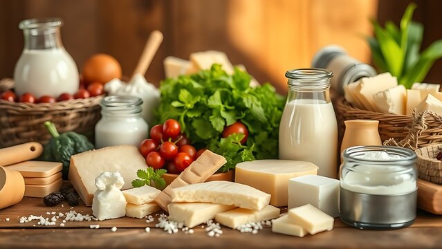 Variety of fresh dairy products arranged on a wooden table, bathed in warm natural light.